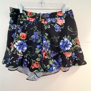 Sans Souci Black Floral Ruffle Hem Shorts with Blue & Coral Flowers